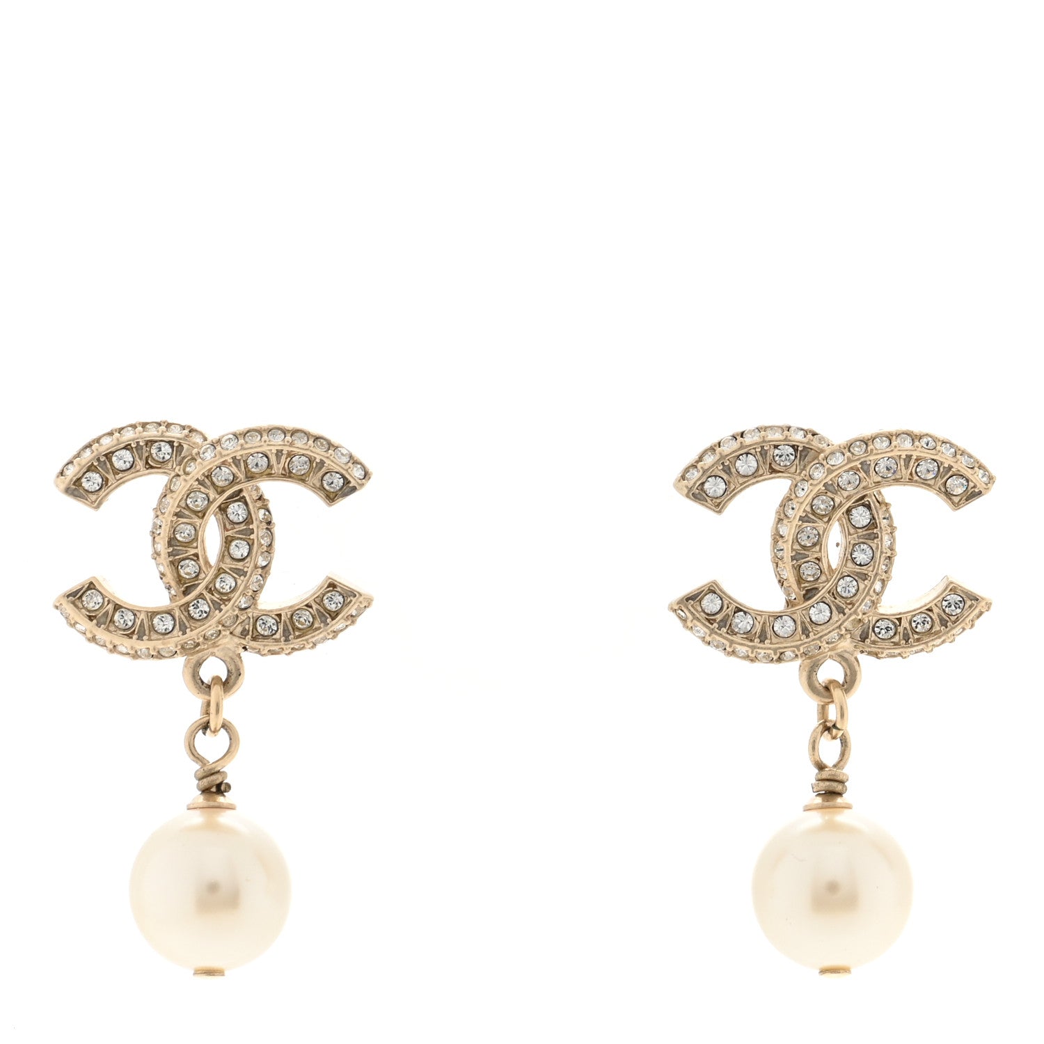Chanel Crystal Timeless CC Pearl Drop Earrings Light Gold 1 of 4