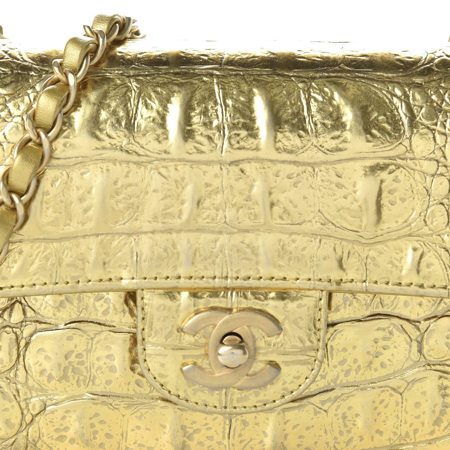 Metallic Calfskin Crocodile Embossed Cocodile Rectangular Mini Flap Gold