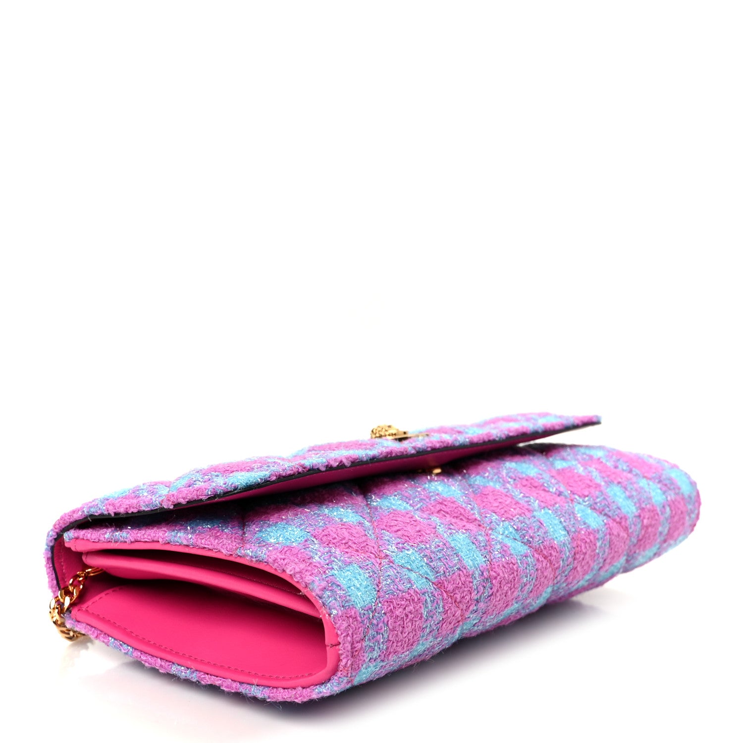 Versace Tweed Quilted Medusa Wallet on Chain Crossbody Pink Blue 5 of 11