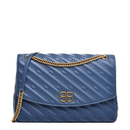 Balenciaga Calfskin Logo Matelasse Large BB Flap Chain Shoulder Bag Bleu Tanzanite 1 of 9