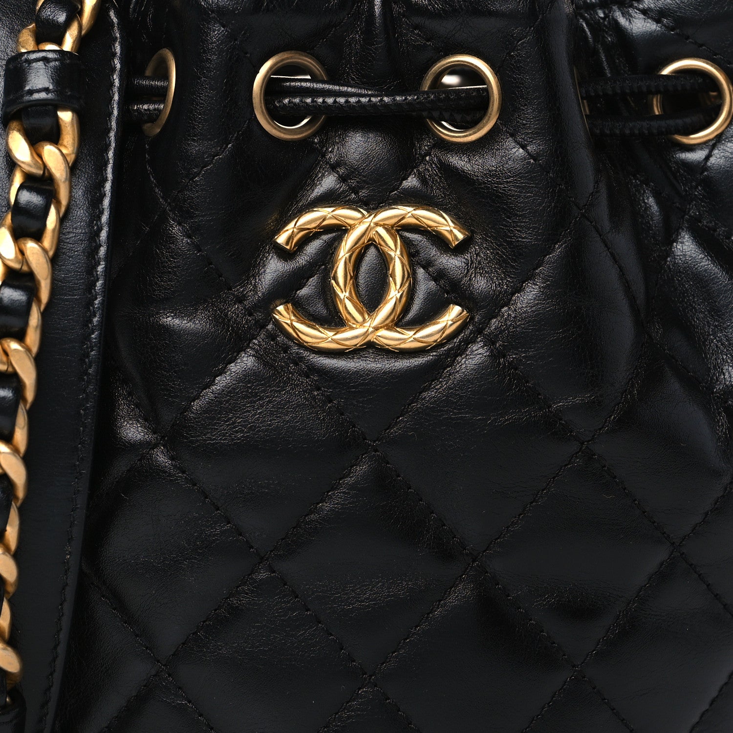 Chanel Calfskin Stitched Coco Ring Bucket Drawstring Bag Black 6 of 9