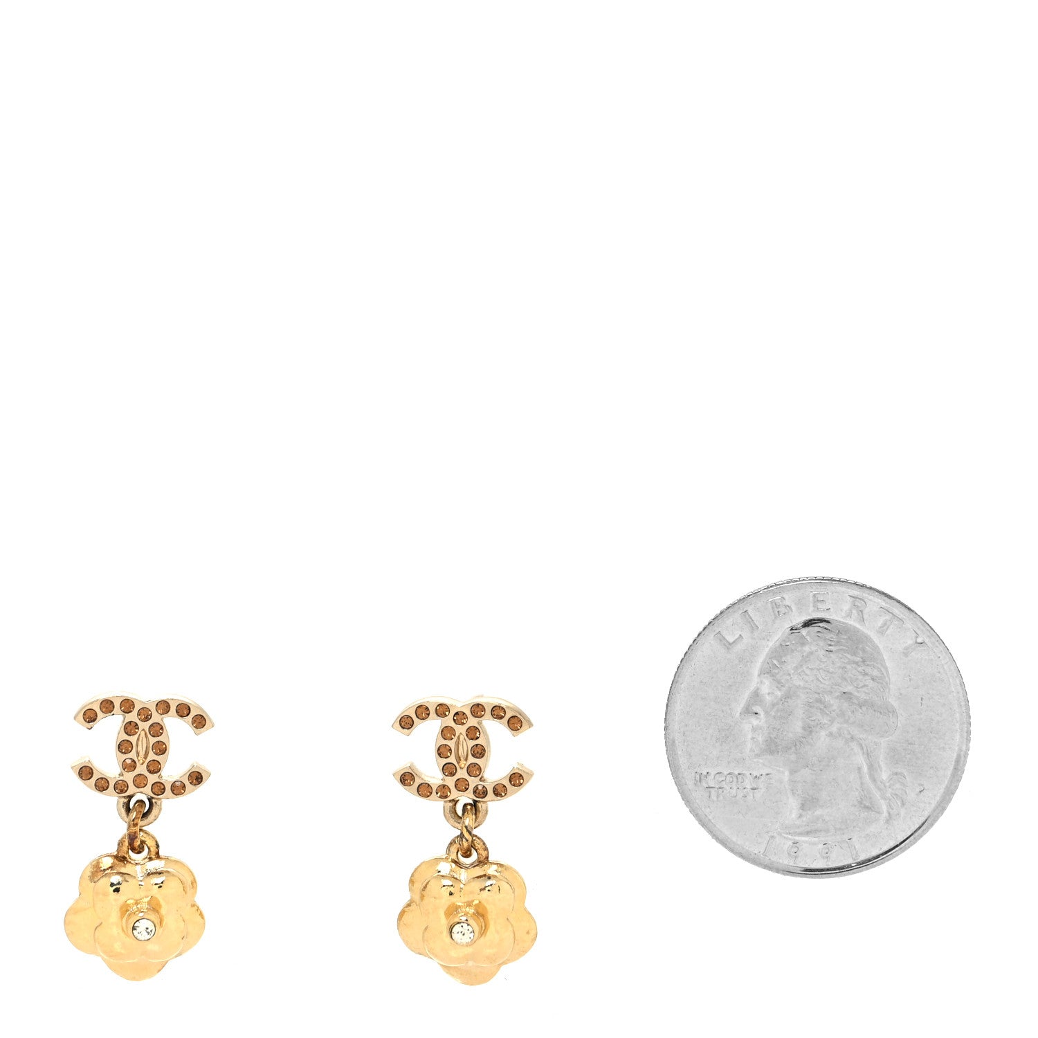 Chanel Crystal CC Camellia Drop Earrings Gold 2 of 4