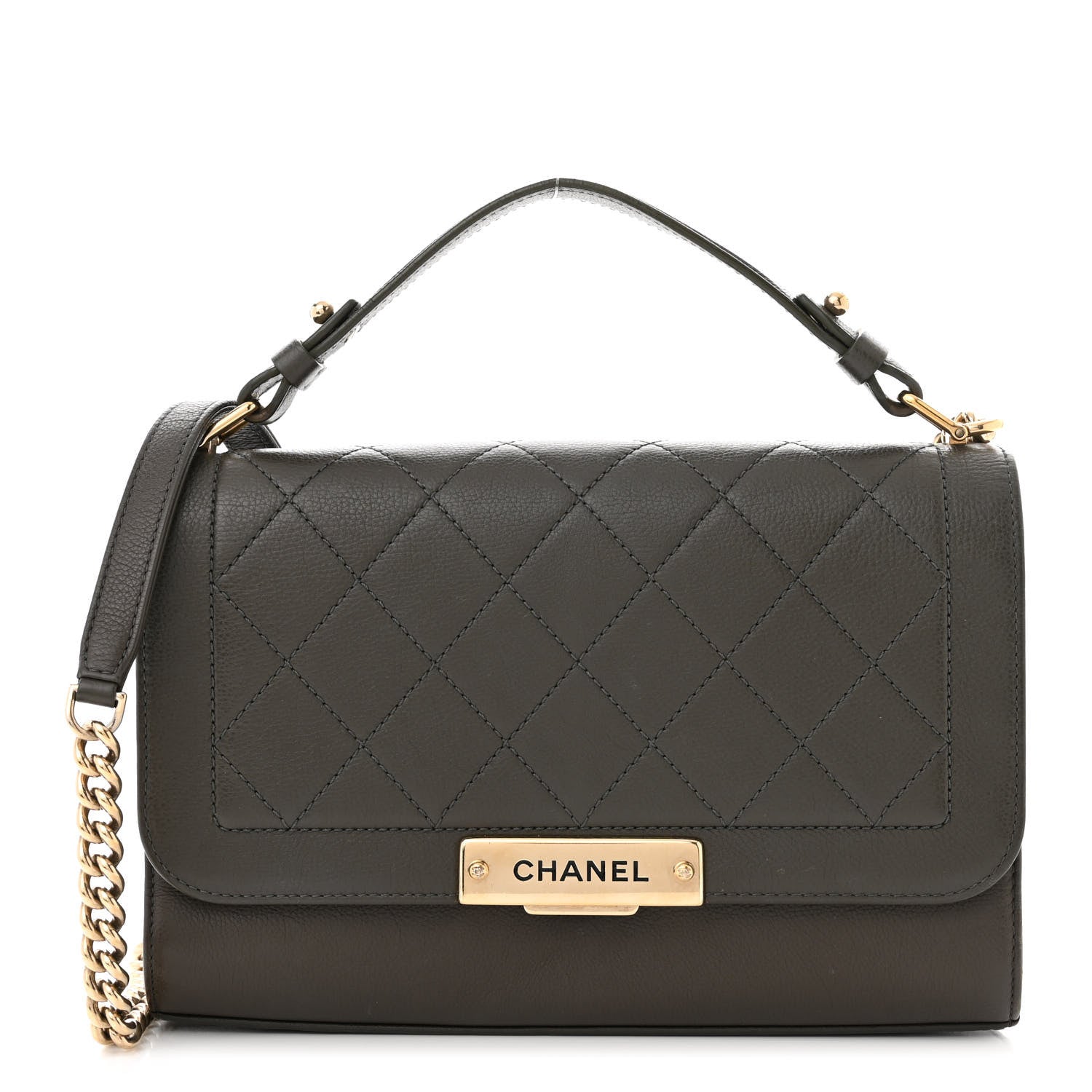 Chanel Grained Calfskin Quilted Medium Label Click Flap Bag Khaki 1 of 10