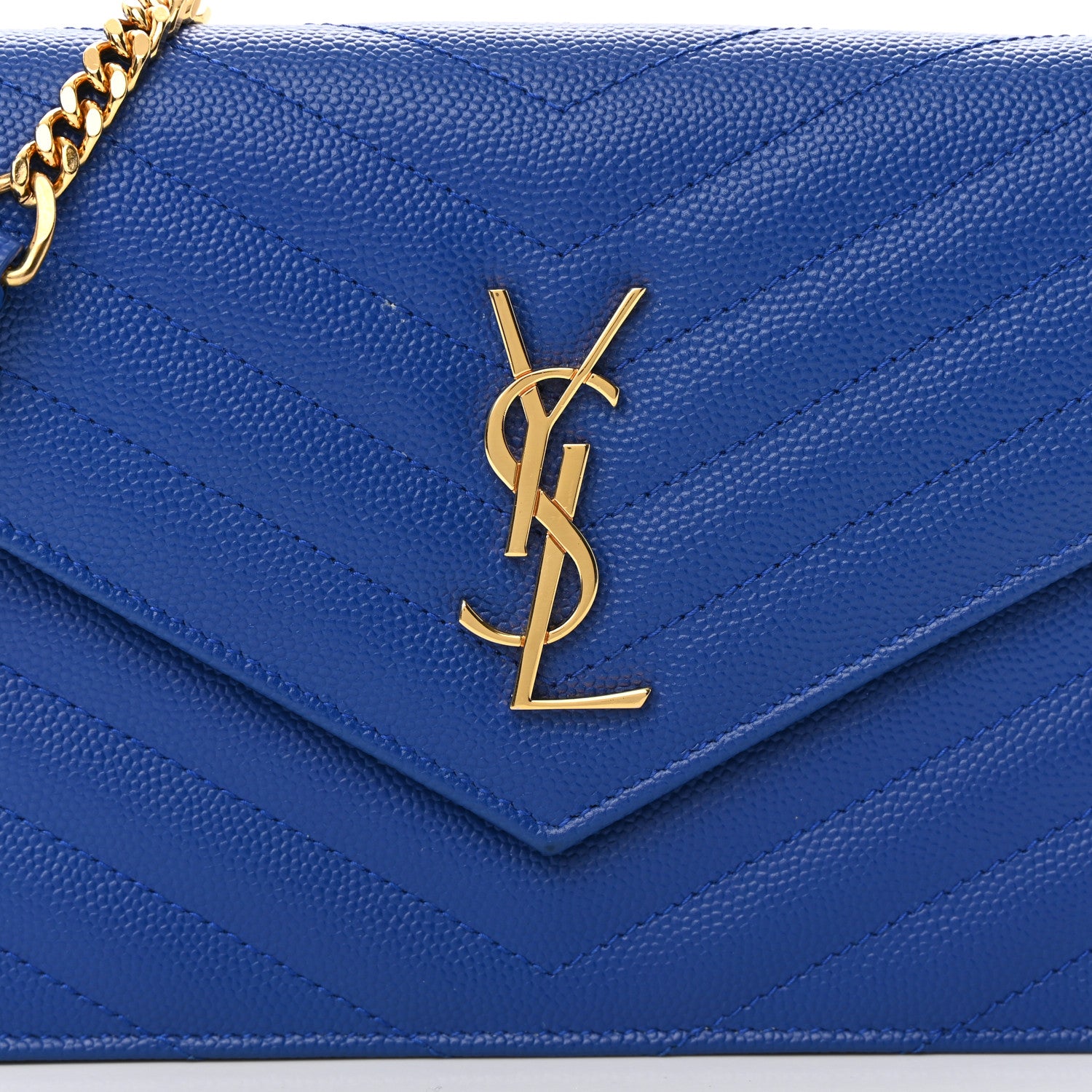 Saint Laurent Grain De Poudre Matelasse Chevron Monogram Envelope Chain Wallet Blue Majorelle 9 of 13