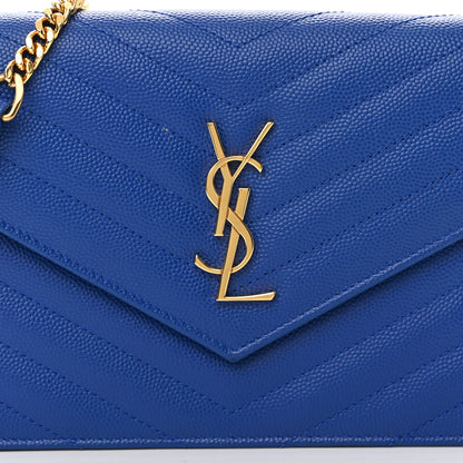 Saint Laurent Grain De Poudre Matelasse Chevron Monogram Envelope Chain Wallet Blue Majorelle 9 of 13
