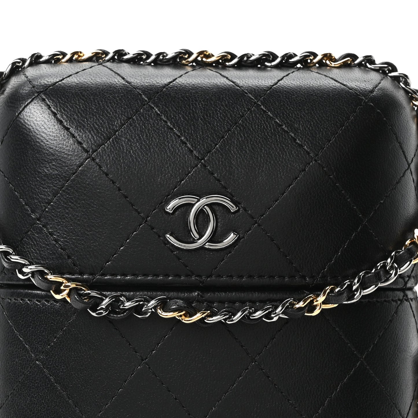 Lambskin Quilted Chain Around Phone Holder Black