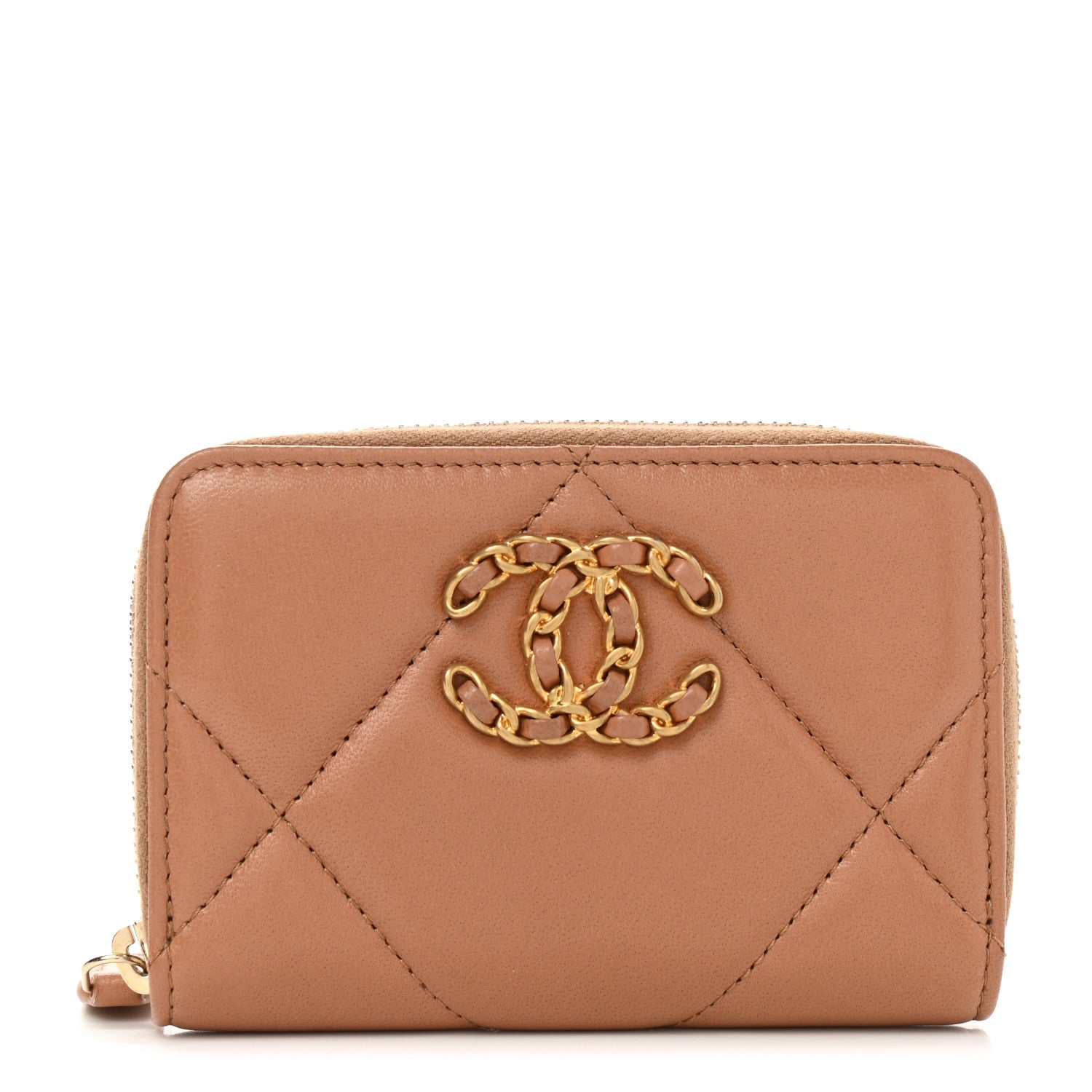 Chanel Lambskin Quilted Chanel 19 Zip Around Coin Purse Wallet Brown 1 of 9