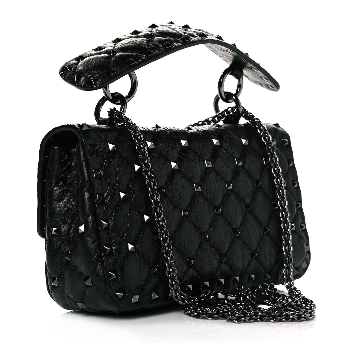 Craquele Nappa Small Rockstud Spike Shoulder Bag Black