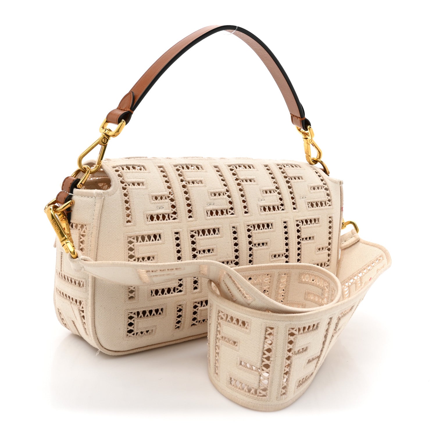 Fendi Canvas Cuoio Agata FF Ajour Embroidered Baguette Grezzo Cuoio 3 of 10