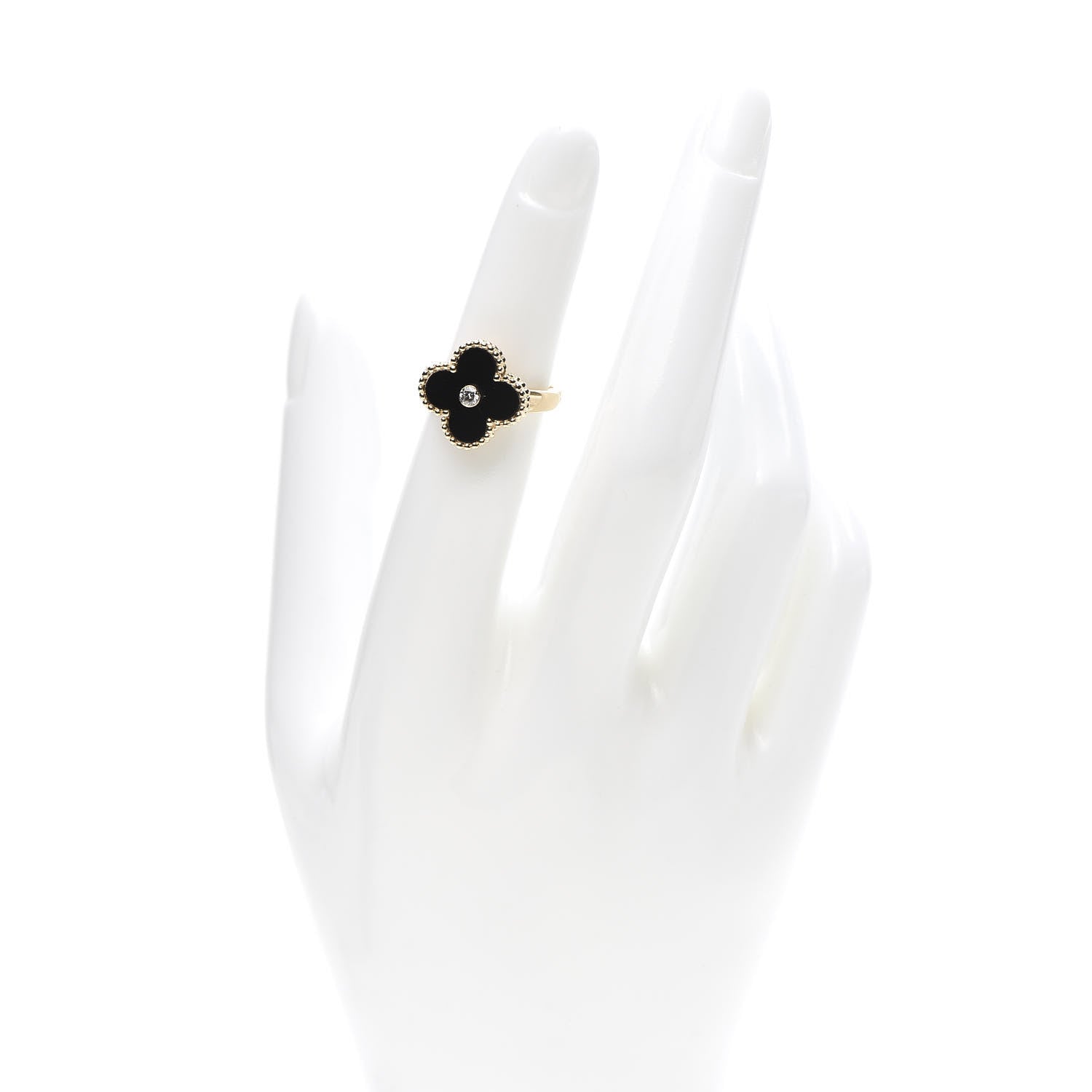 Van Cleef & Arpels 18K Yellow Gold Diamond Black Onyx Vintage Alhambra Ring 48 4.5 2 of 7