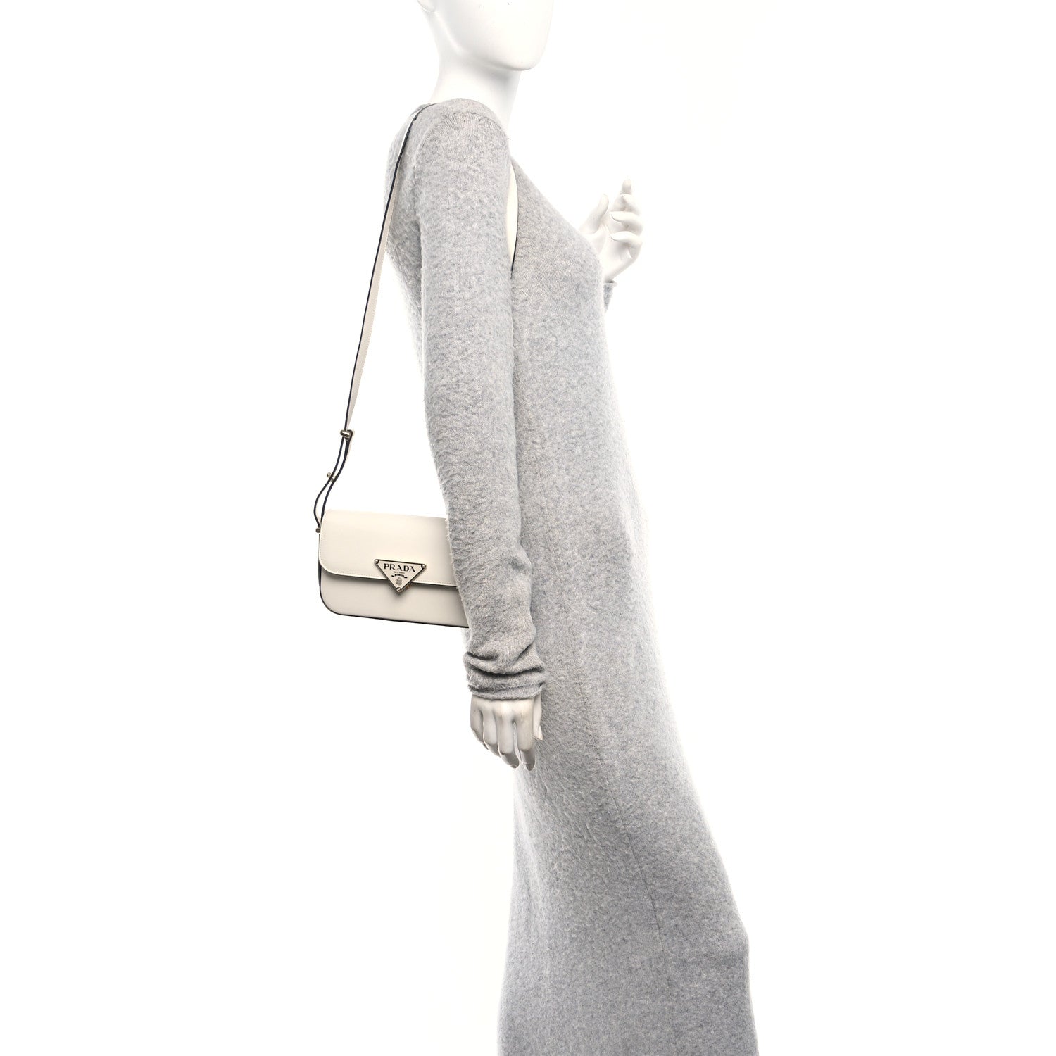 Prada Soft Calfskin Metal Triangle Logo Flap Shoulder Bag White 2 of 10
