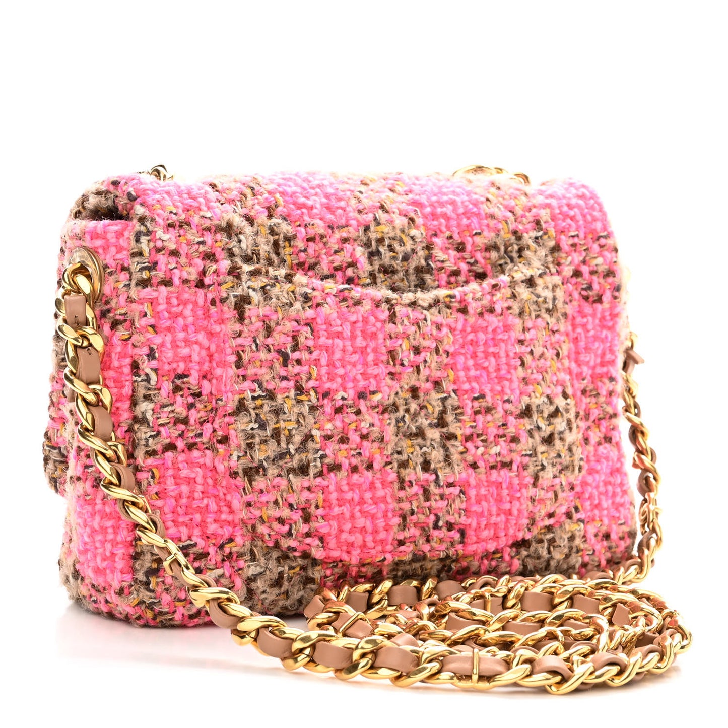 Wool Tweed Quilted Small Elegant Chain Flap Pink Brown