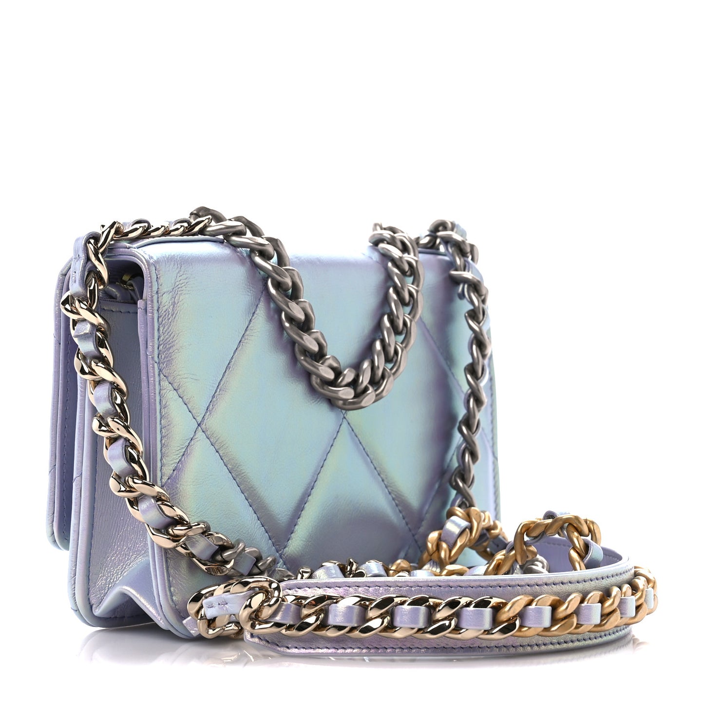 Iridescent Calfskin Quilted Chanel 19 Wallet On Chain WOC Light Purple