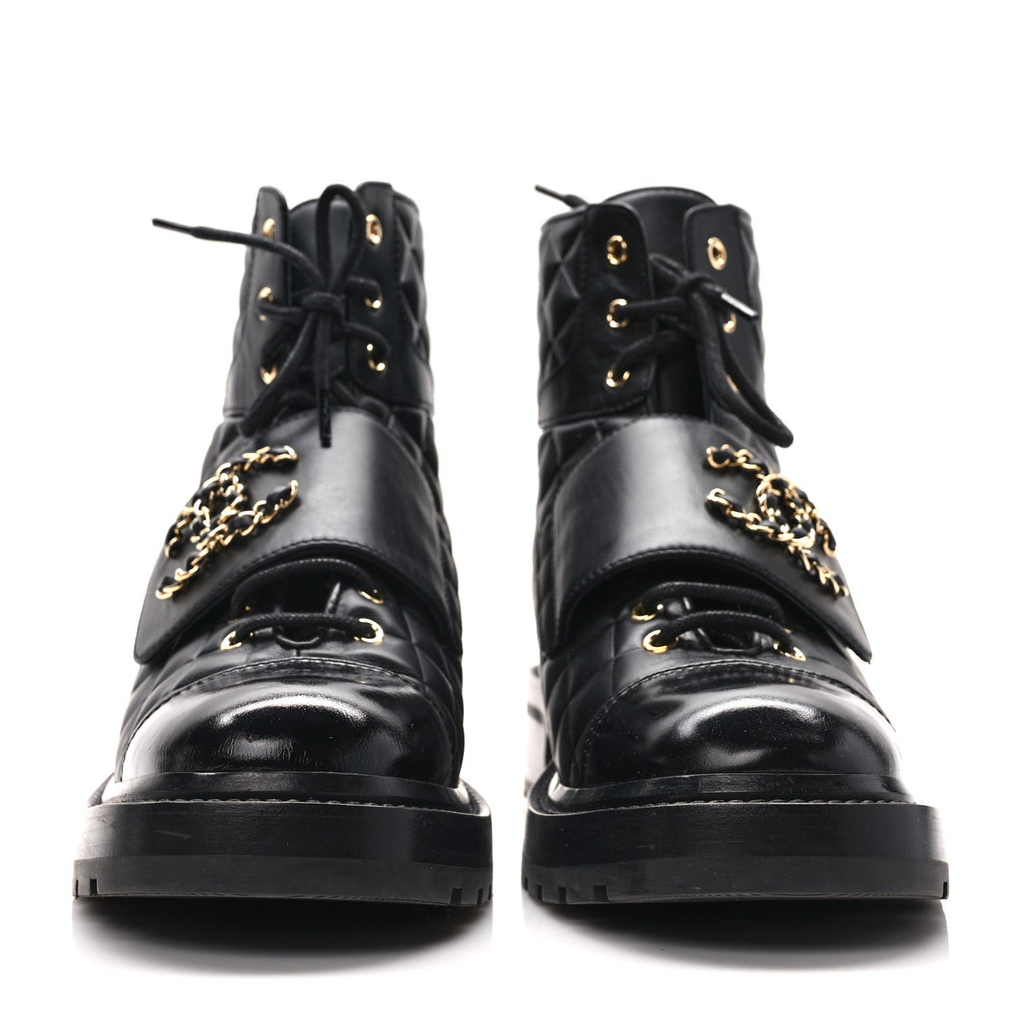 Calfskin Shiny Calfskin Quilted Lace Up Combat Boots 39 Black