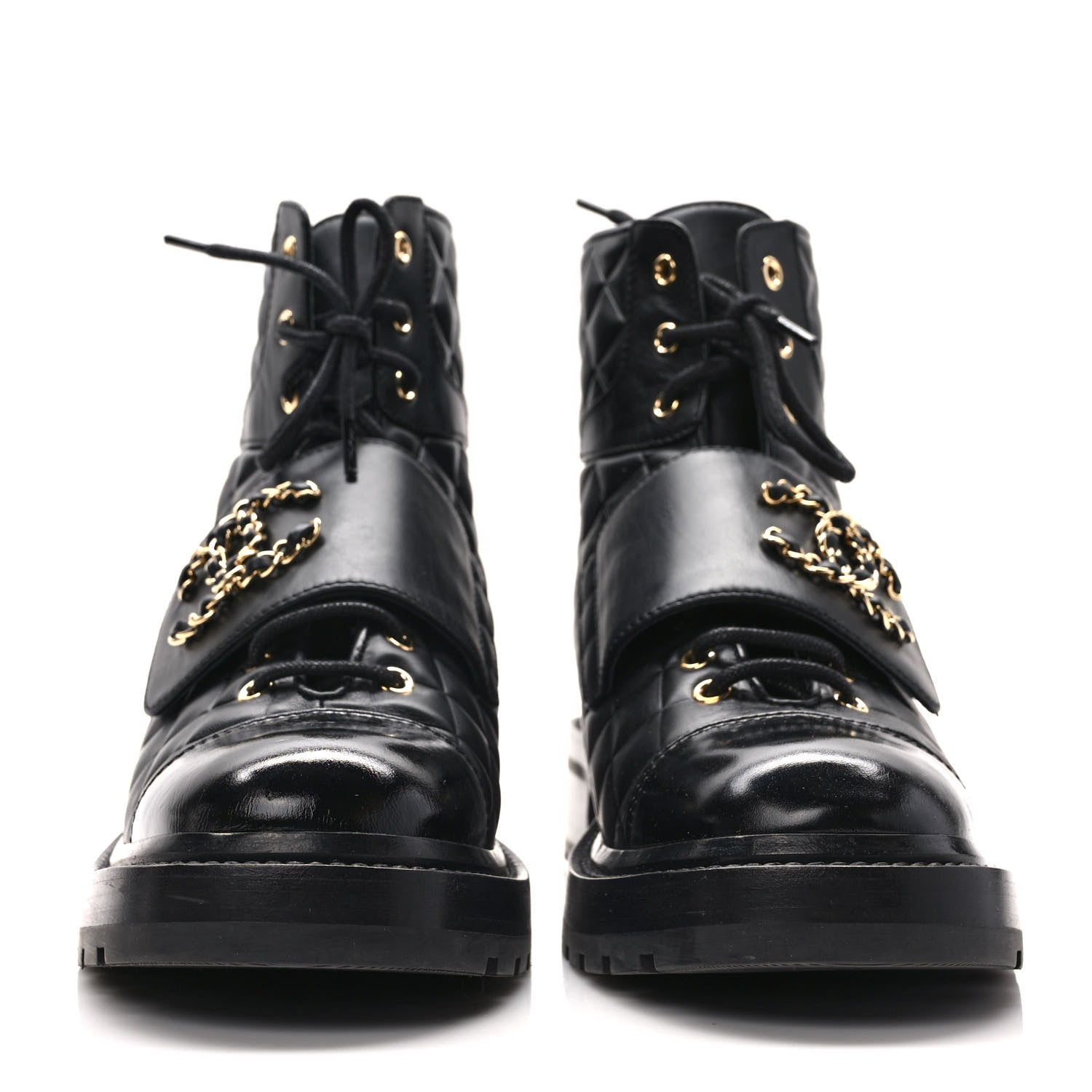 Chanel Calfskin Shiny Calfskin Quilted Lace Up Combat Boots 39 Black 2 of 10