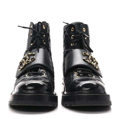 Chanel Calfskin Shiny Calfskin Quilted Lace Up Combat Boots 39 Black 2 of 10