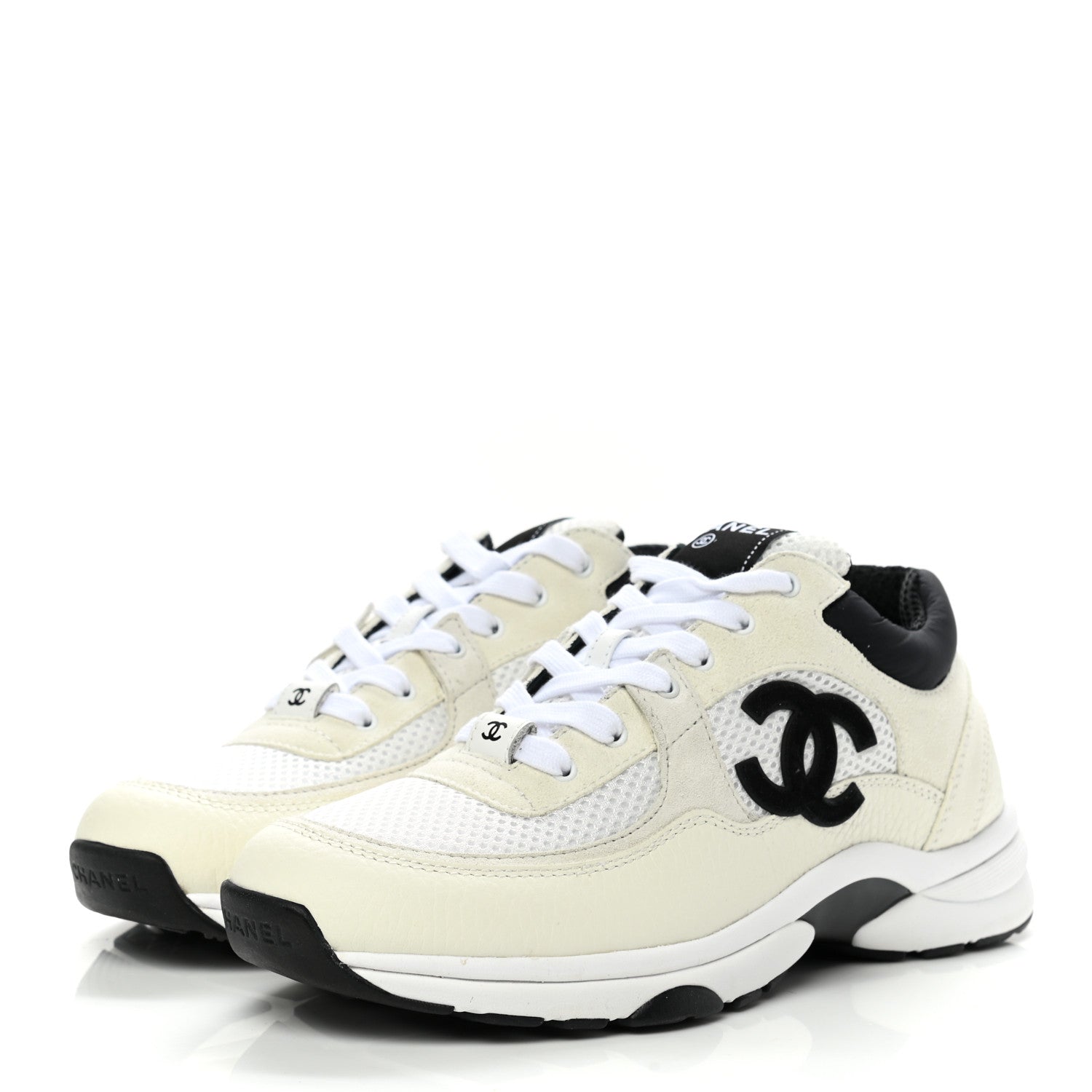 Chanel Mesh Suede Calfskin Grained Calfskin Womens CC Sneakers 38.5 White Black 3 of 9