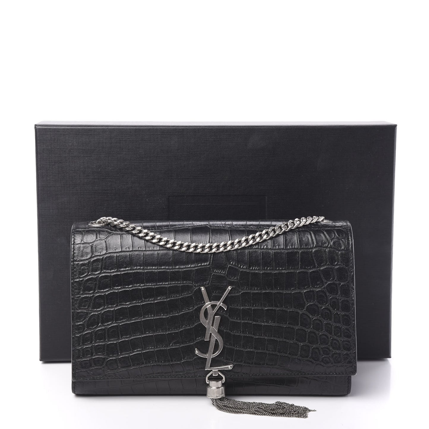 Calfskin Crocodile Embossed Medium Classic Monogram Kate Tassel Satchel Black