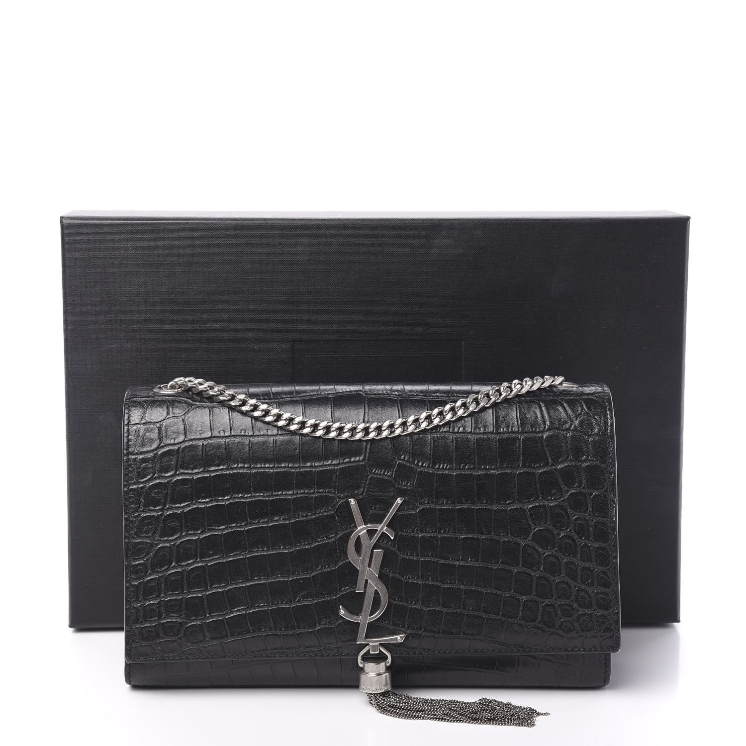 Saint Laurent Calfskin Crocodile Embossed Medium Classic Monogram Kate Tassel Satchel Black 10 of 10