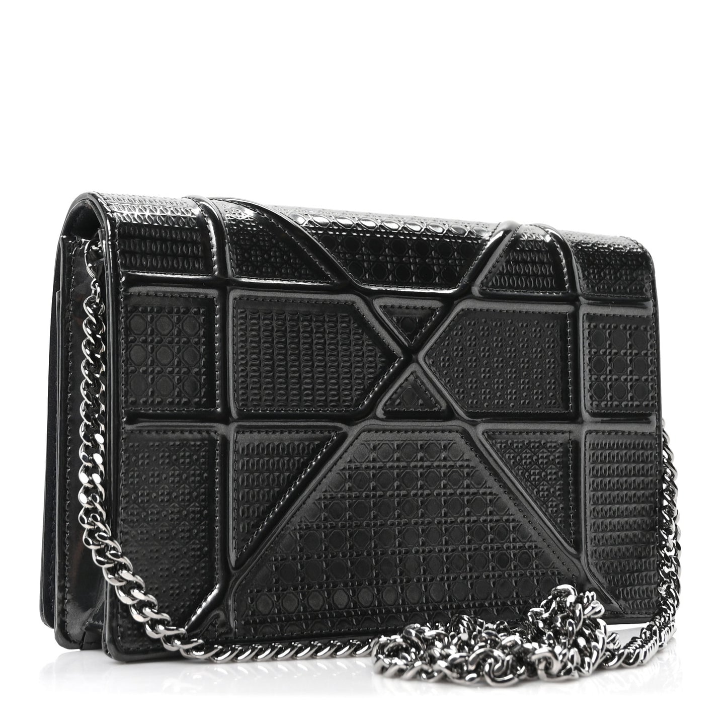 Metallic Patent Micro-Cannage Diorama Wallet on Chain Pouch Onyx Black