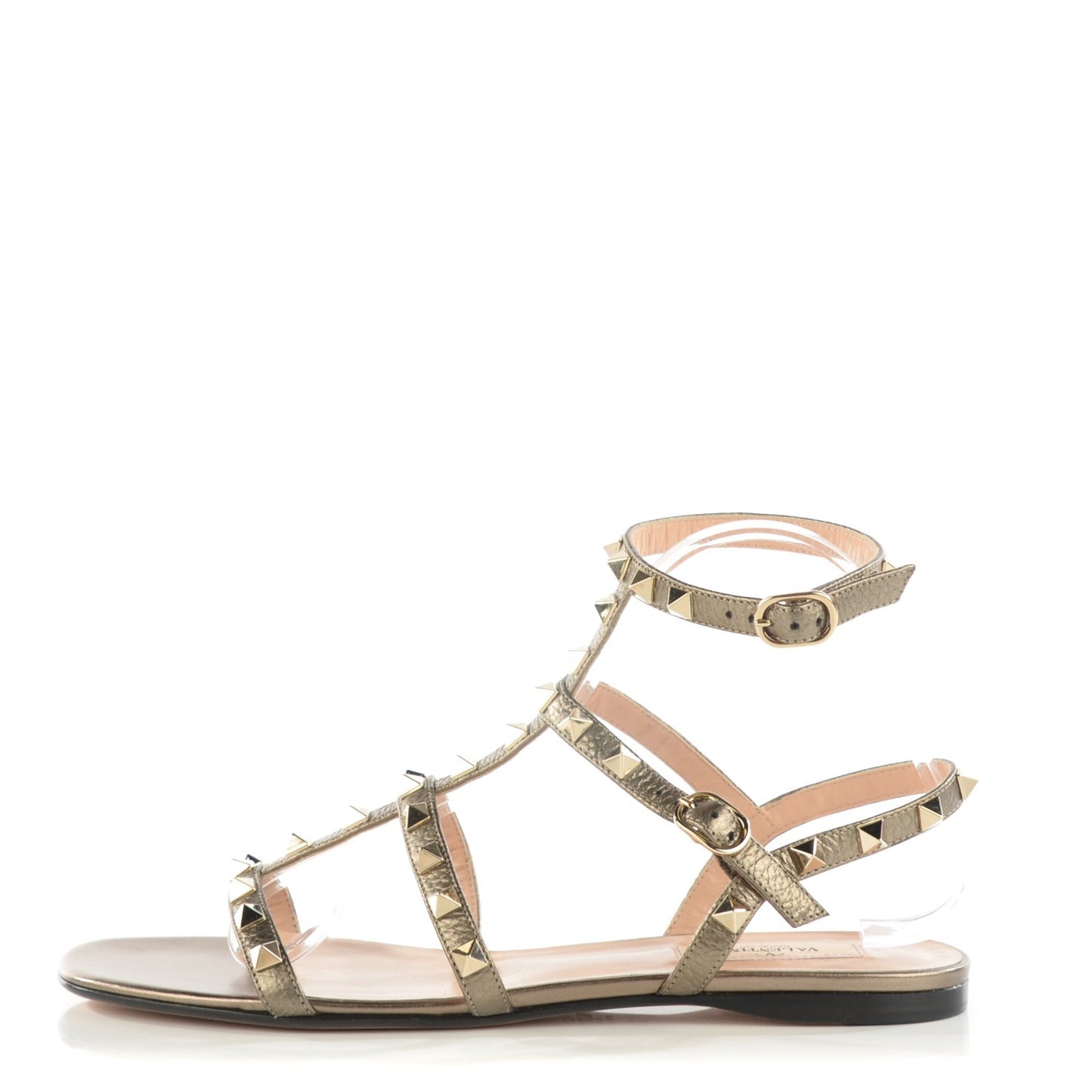 Metallic Pebbled Calfskin Rockstud Gladiator Flat Sandals 38.5 Sasso