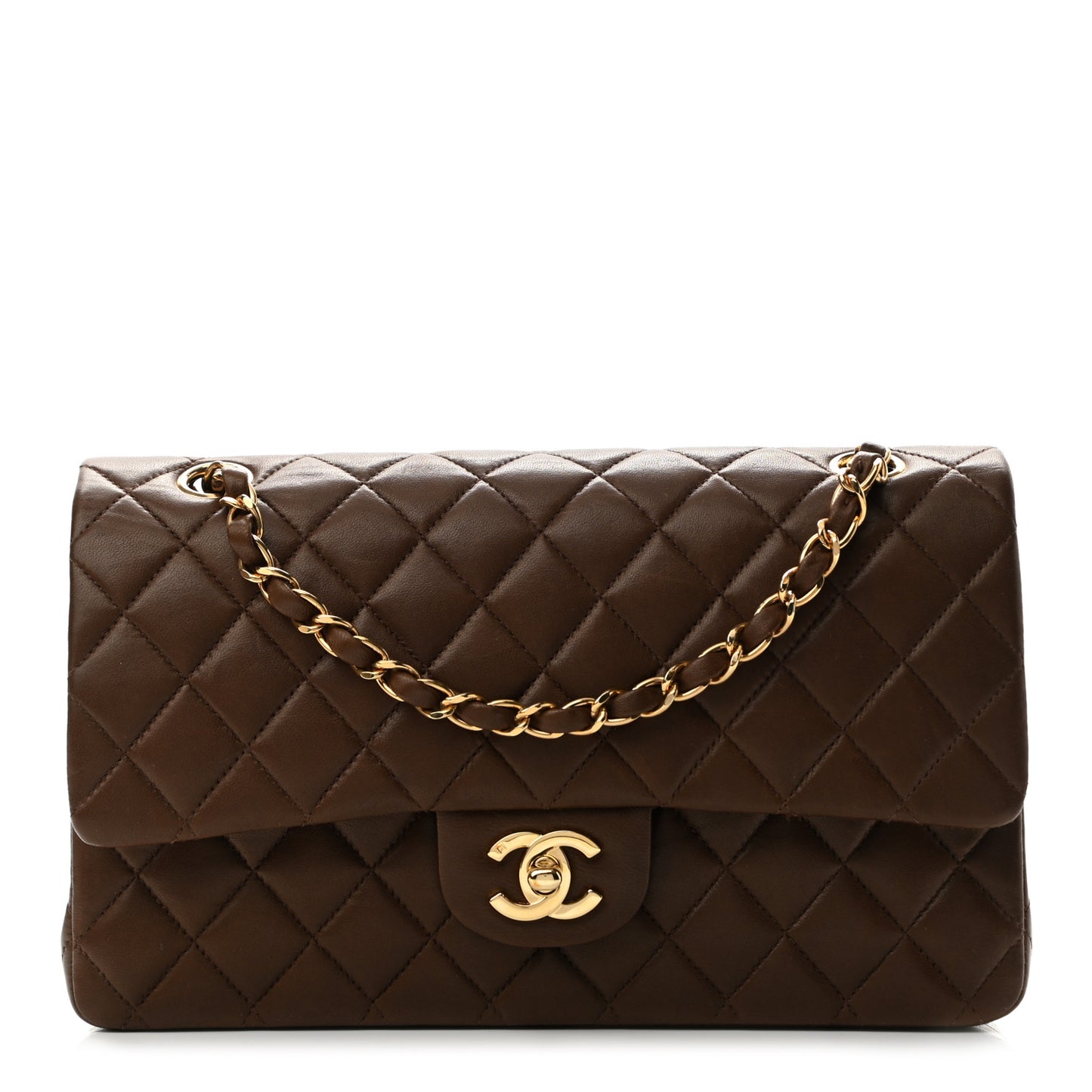 Lambskin Quilted Medium Double Flap Brown