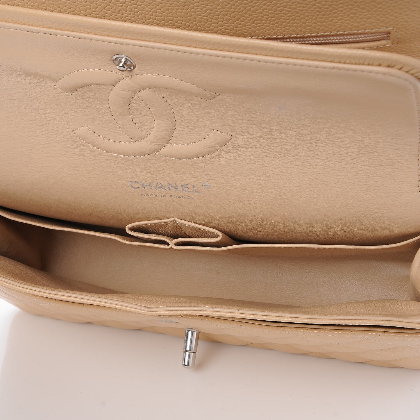 Caviar Quilted Medium Double Flap Beige Clair