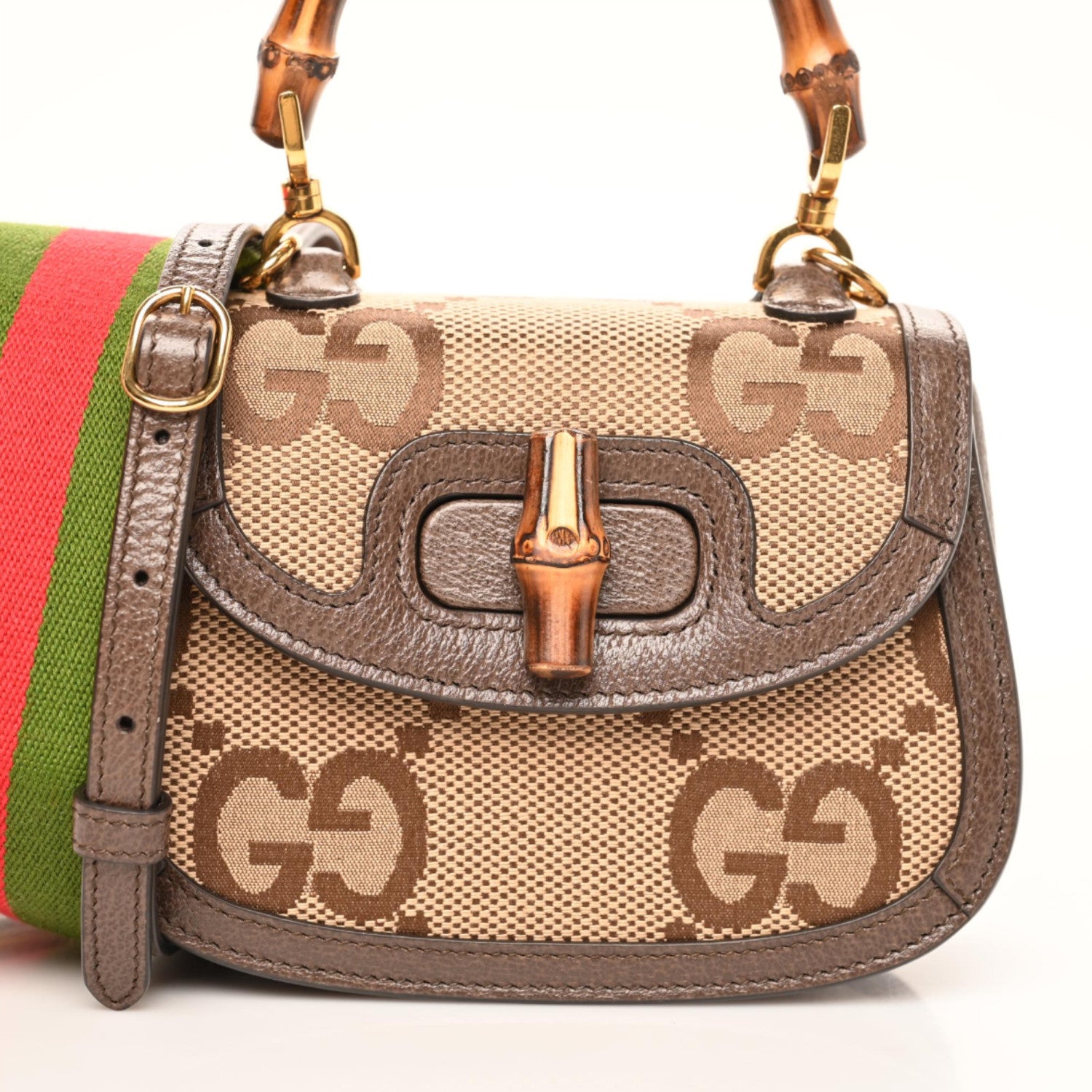 Gucci Monogram Jumbo GG Textured Dollar Calfskin Web Mini Bamboo 1947 Top Handle Bag Camel Ebony New Acero 2 of 9