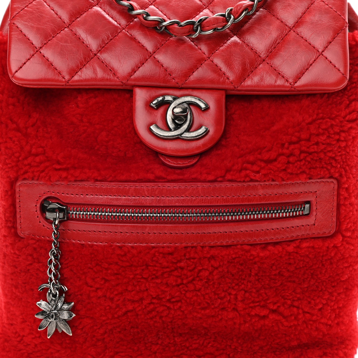 Chanel Glazed Calfskin Shearling Quilted Small Mountain Backpack Red 8 of 8