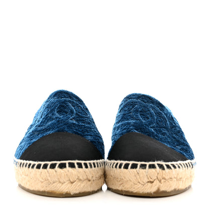 Chanel Velvet Grosgrain Quilted Camellia CC Espadrilles 37 Navy Black 2 of 13