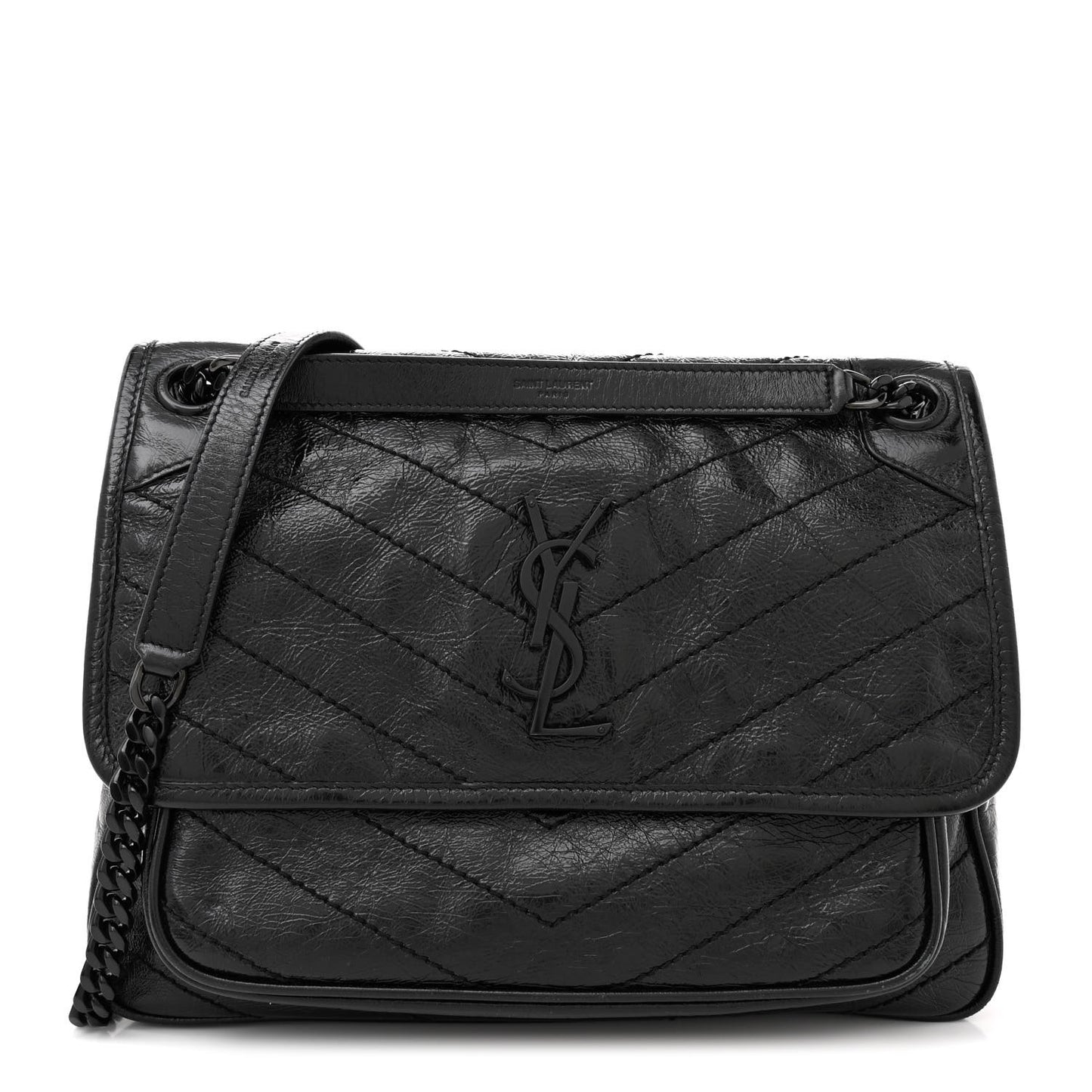 Crinkled Calfskin Matelasse Monogram Medium Niki Chain Satchel Black