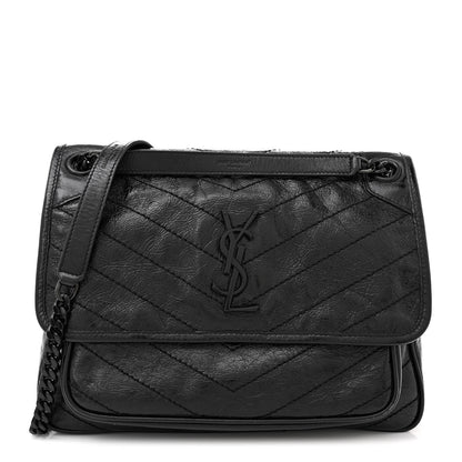 Saint Laurent Crinkled Calfskin Matelasse Monogram Medium Niki Chain Satchel Black 1 of 12