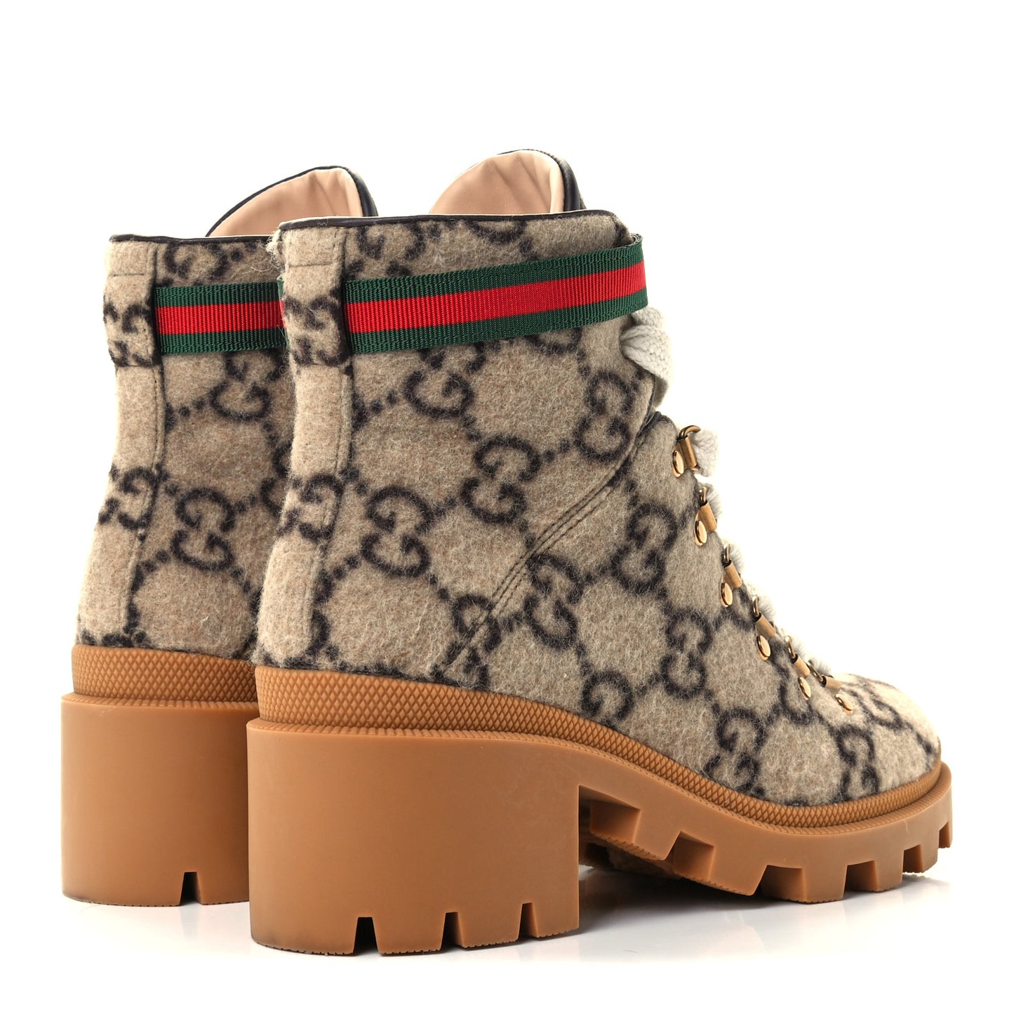 Covered Wool GG Monogram Womens Lace Up Combat Ankle Boots 39 Beige Ebony Black