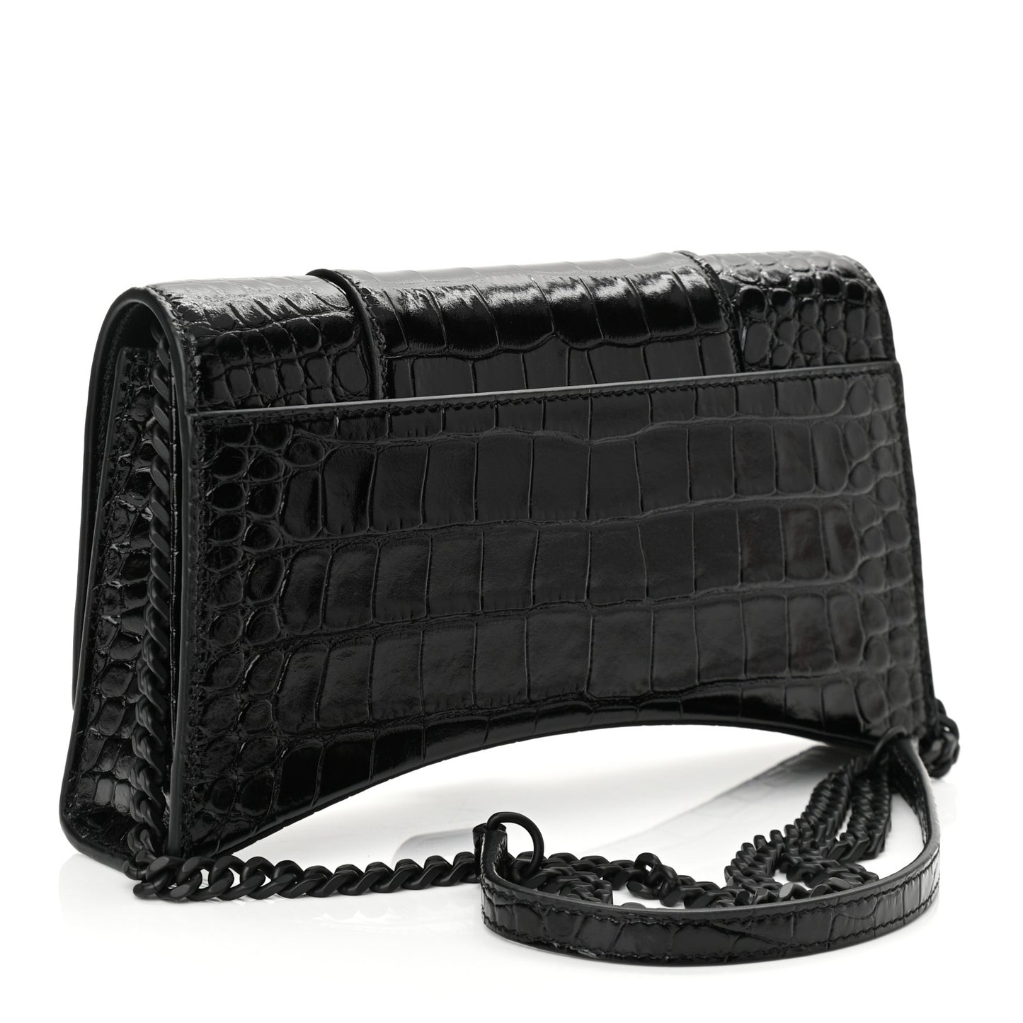 Shiny Calfskin Monochrome Crocodile Embossed Small Hourglass Evening Chain Bag Black