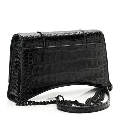 Balenciaga Shiny Calfskin Monochrome Crocodile Embossed Small Hourglass Evening Chain Bag Black 3 of 9