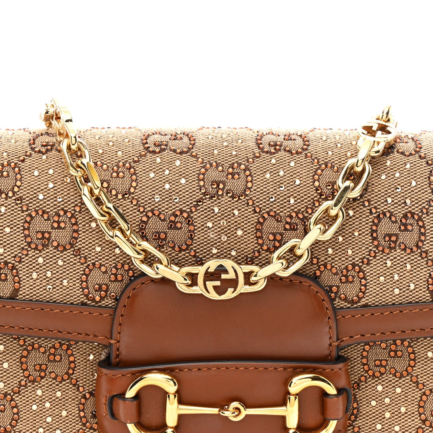 Gucci New Canvas Charisma Calfskin Crystal GG Monogram Mini Horsebit 1955 Shoulder Bag Camel Ebony 8 of 11