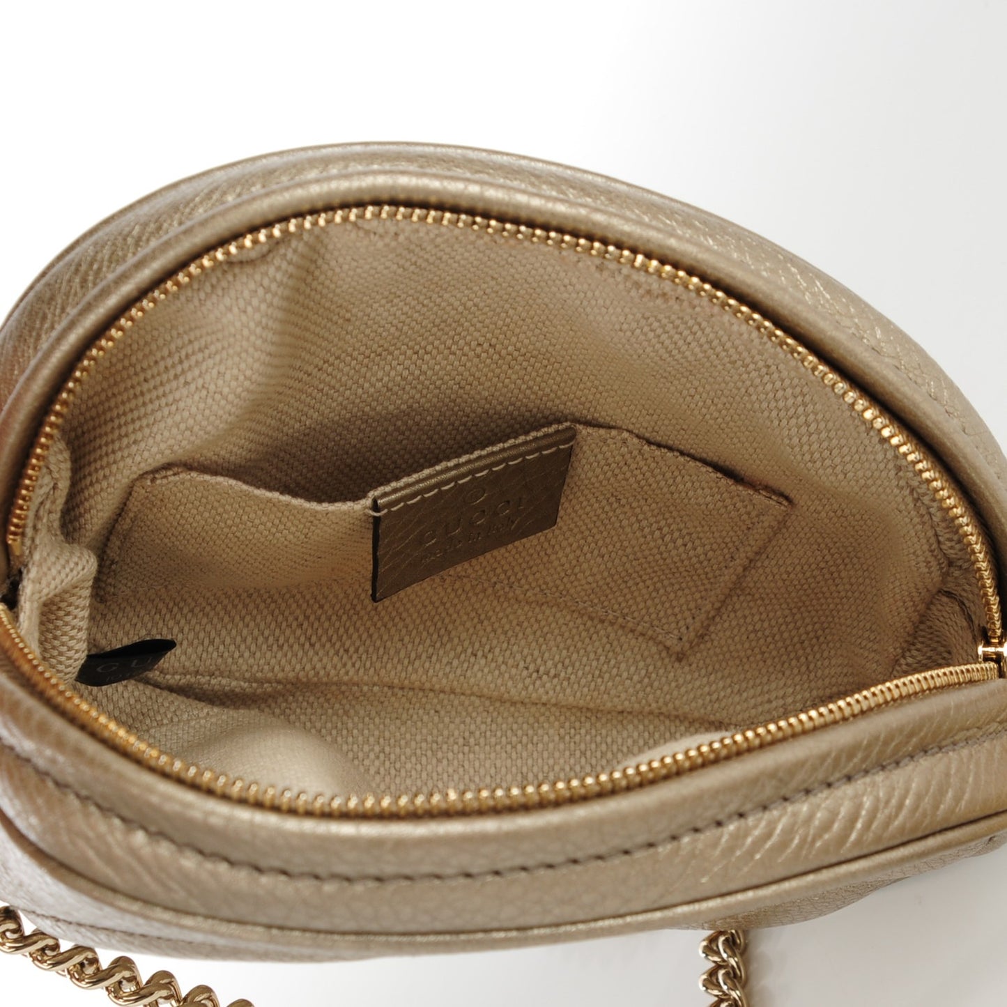 Metallic Pebbled Calfskin Mini Soho Chain Bag Golden Beige
