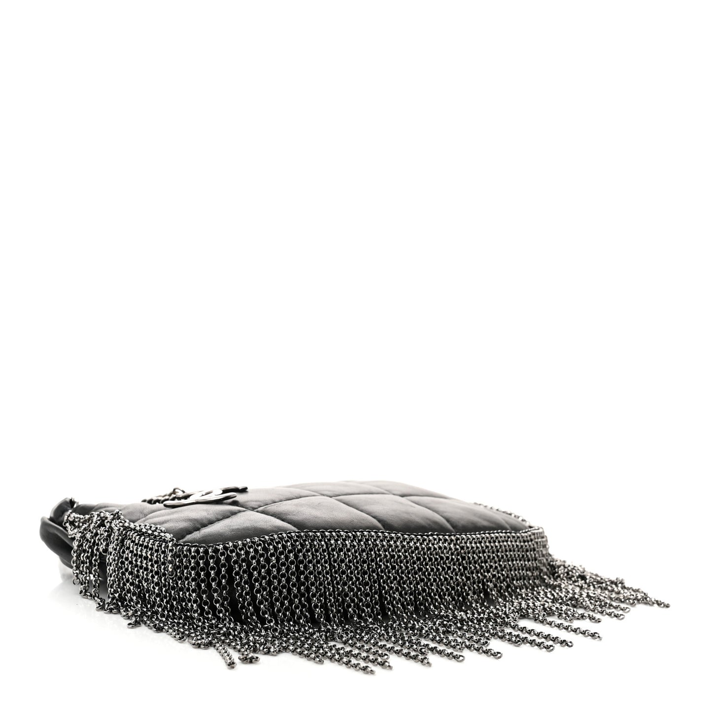 Lambskin Square Quilted Chain Fringe Pochette Black