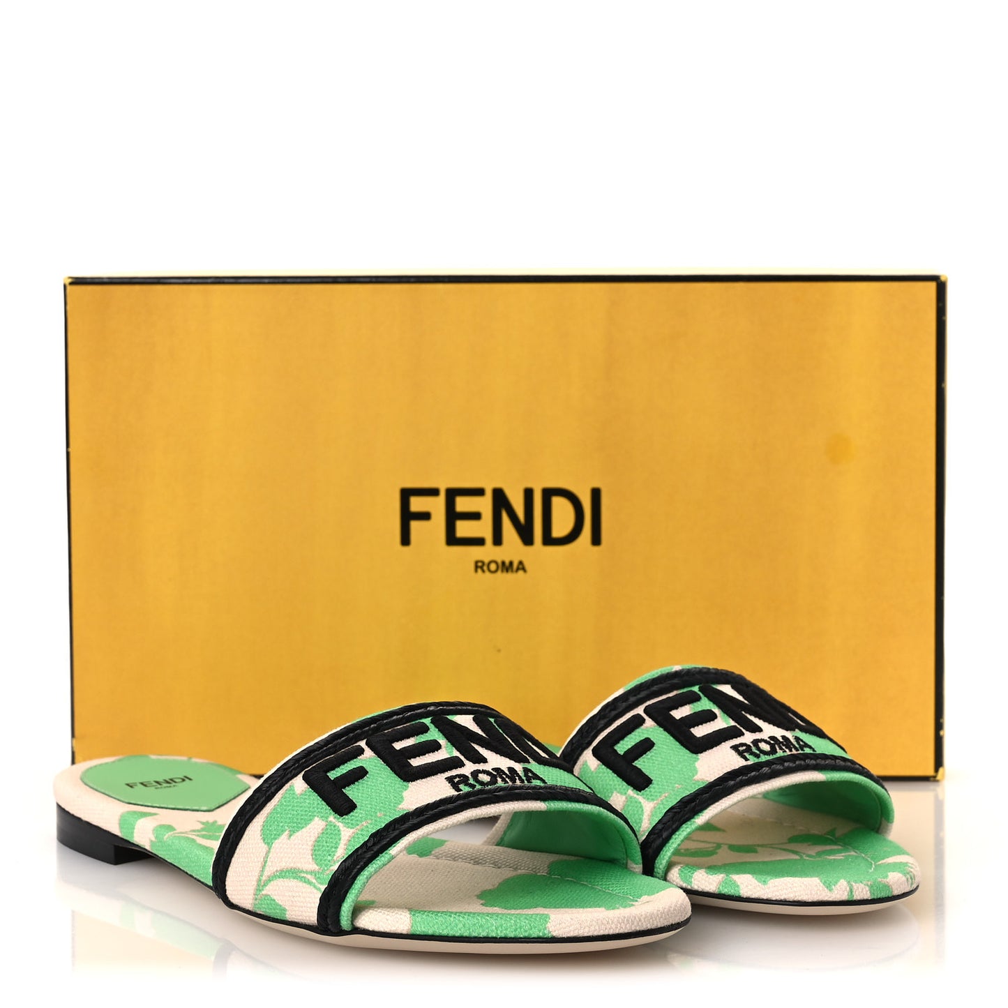Canvas Floral Print Logo Flat Slide Sandals 39.5 Green
