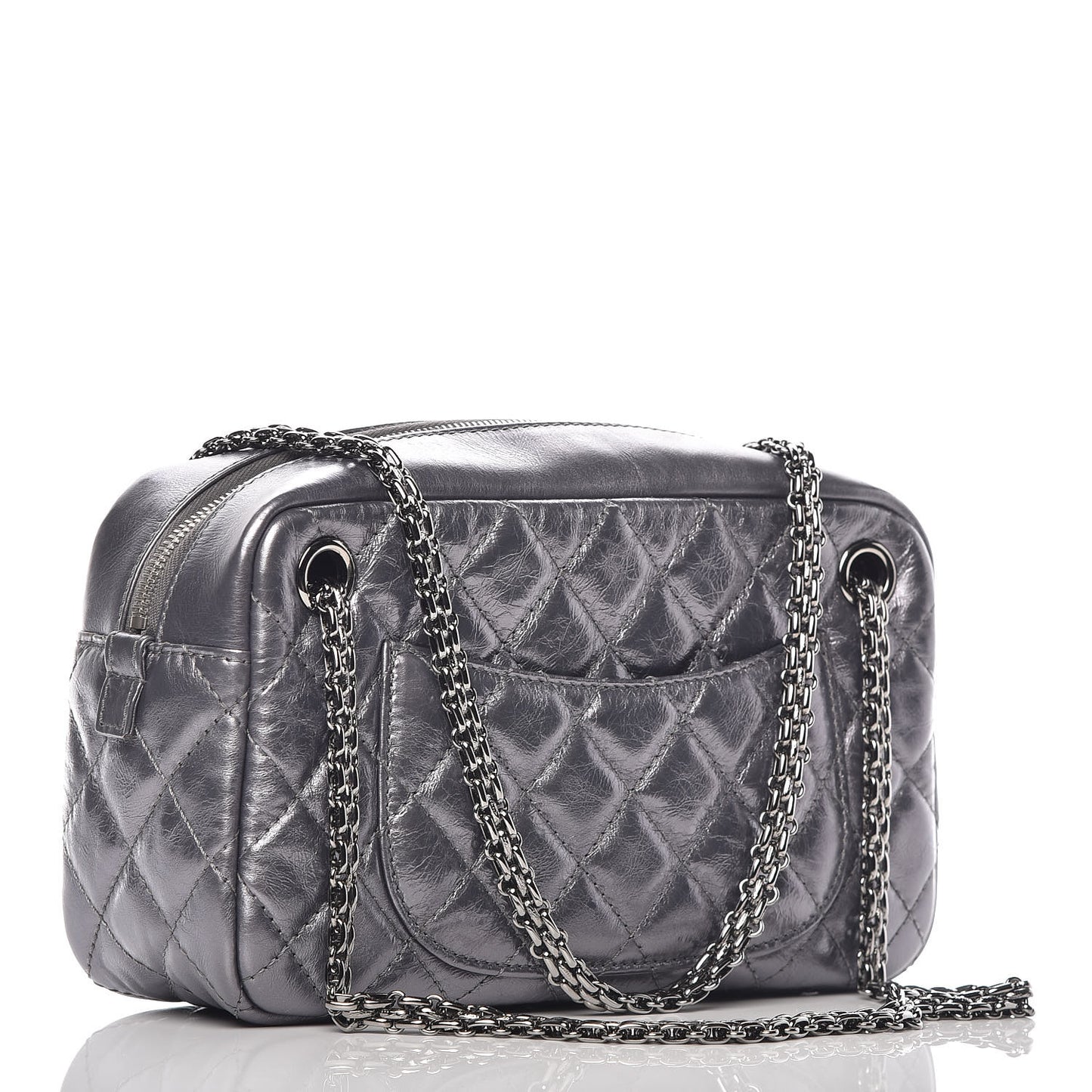 Metallic Aged Calfskin Quilted Medium Reissue Camera Case Dark Silver