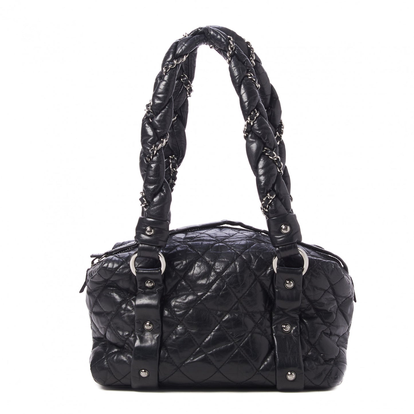 Distressed Lambskin Small Lady Braid Tote Black