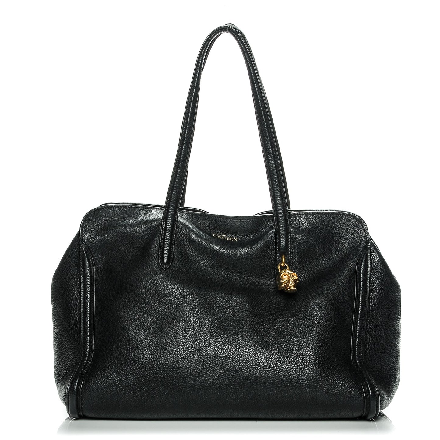 Pebbled Calfskin Large Skull Padlock Zip Around Tote Black
