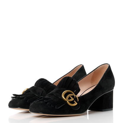 Gucci Kid Scamosciato GG Marmont Fringe 50mm Loafer Pumps 38 Black 3 of 11
