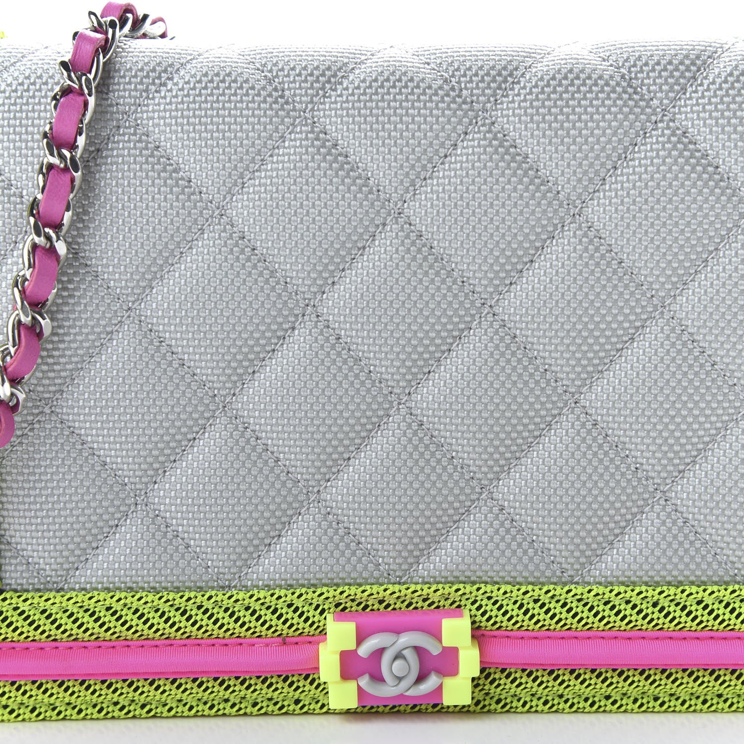 Chanel Canvas Quilted Fluo Boy Wallet On Chain WOC Dark Grey Fuchsia Green 9 of 10