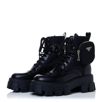 Prada Spazzolato Rois Nylon Metal Triangle Logo Monolith Pouch Pocket 55mm Boots 37 Black 2 of 8