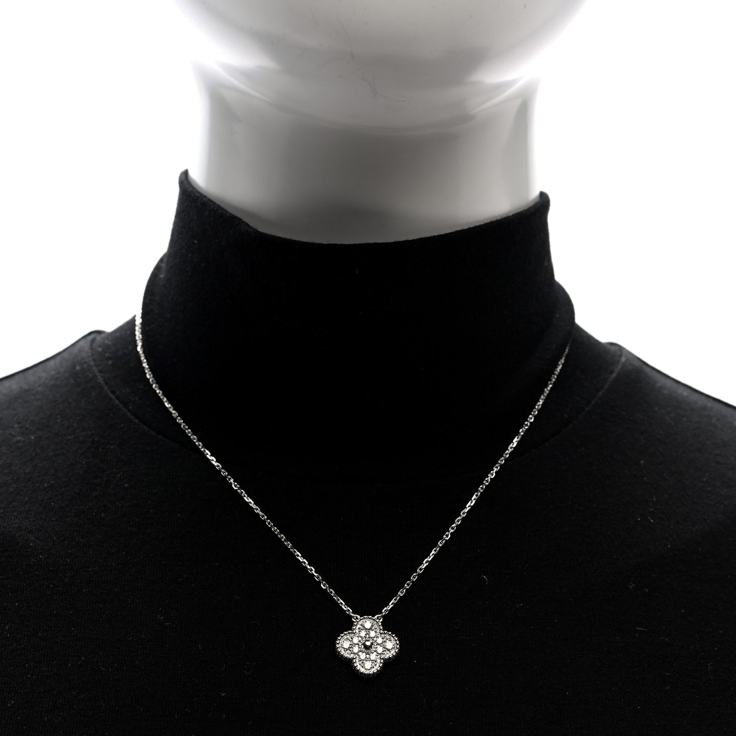 18K White Gold Diamond Vintage Alhambra Pendant Necklace
