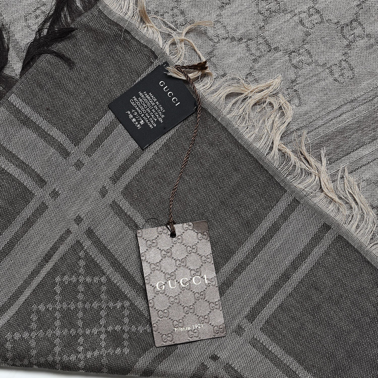 Gucci Wool Silk GG Monogram Diamante Plaid Surviee Shawl Beige Dark Brown 3 of 3