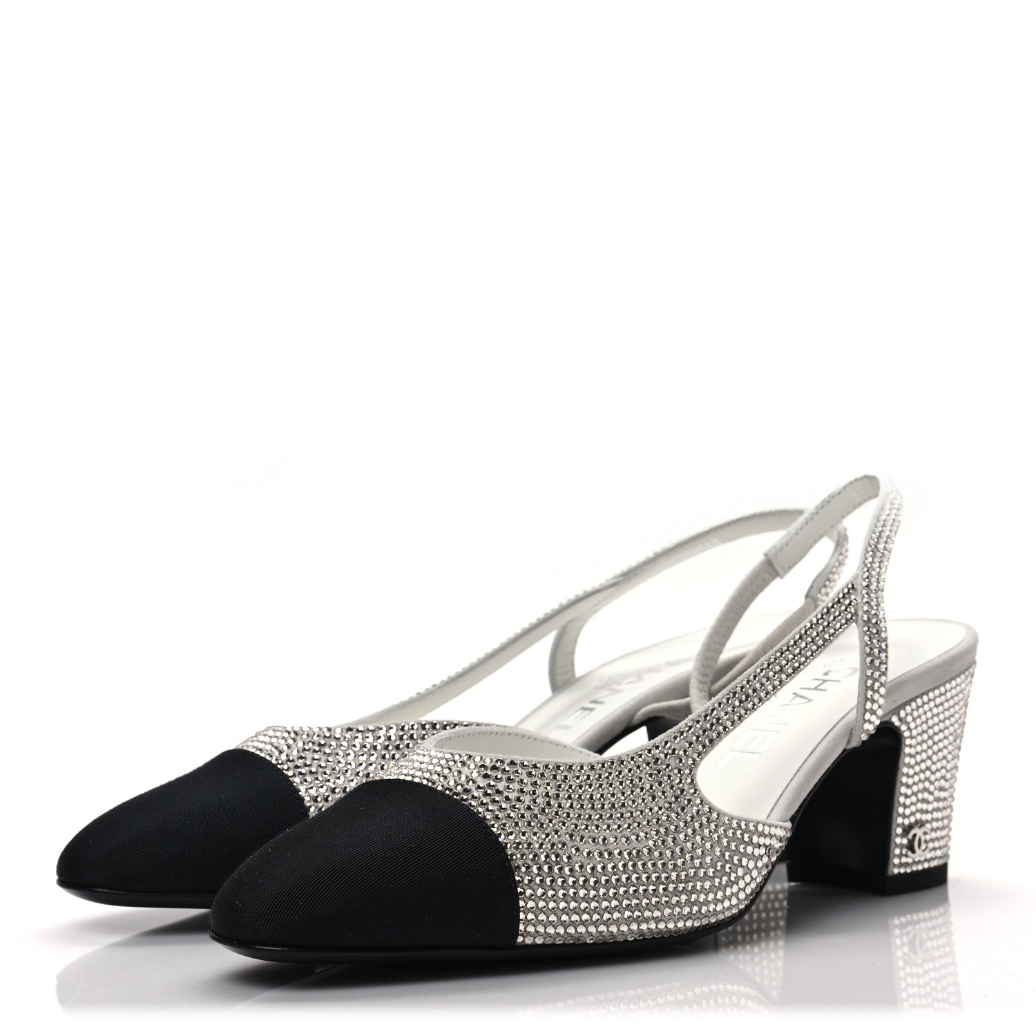 Chanel Strass Grosgrain Cap Toe CC Slingback Pumps 37 Silver Black 3 of 7