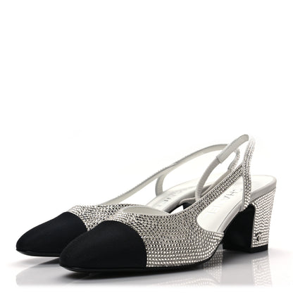 Chanel Strass Grosgrain Cap Toe CC Slingback Pumps 37 Silver Black 3 of 7