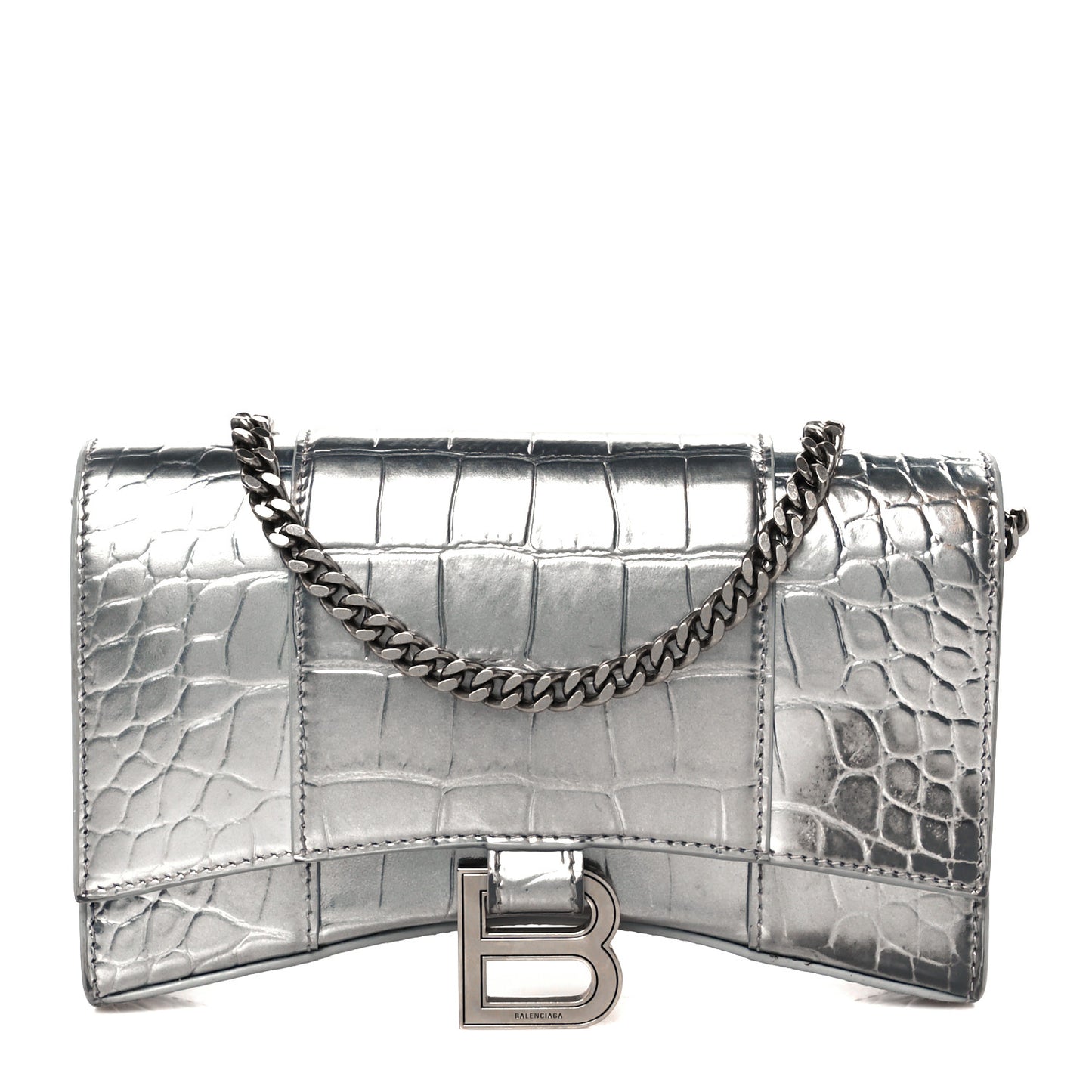 Metallic Calfskin Crocodile Embossed Hourglass Chain Bag Silver